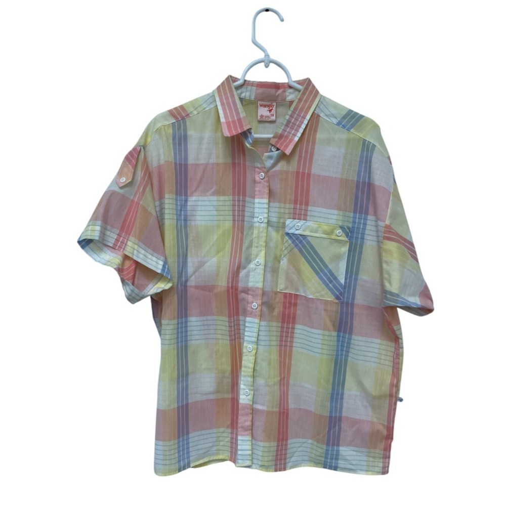 Wrangler Button Up Shirt Women's 38 Pastel Plaid Short Sleeve Vintage Rodeo